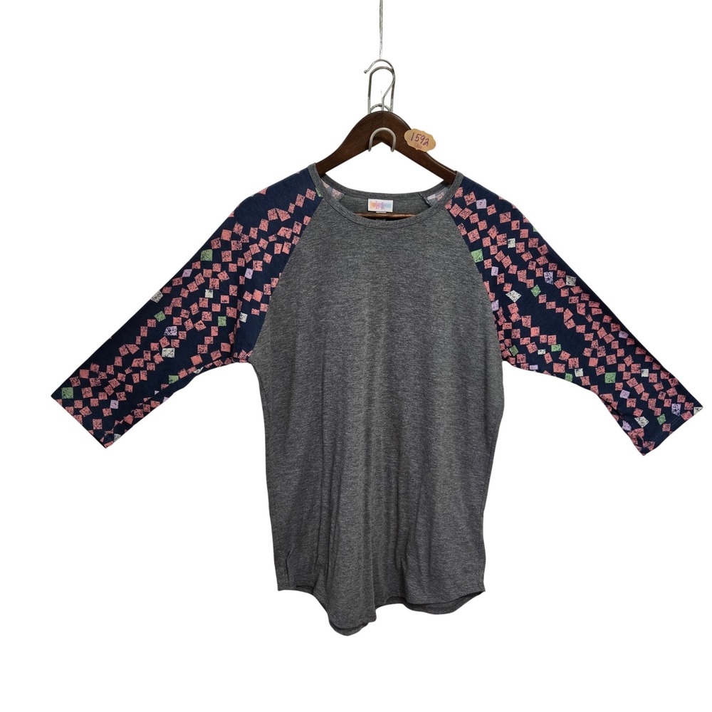 LuLaRoe Randy Baseball Tee Gray Navy Geometric Square Print 3/4 Sleeve Large
